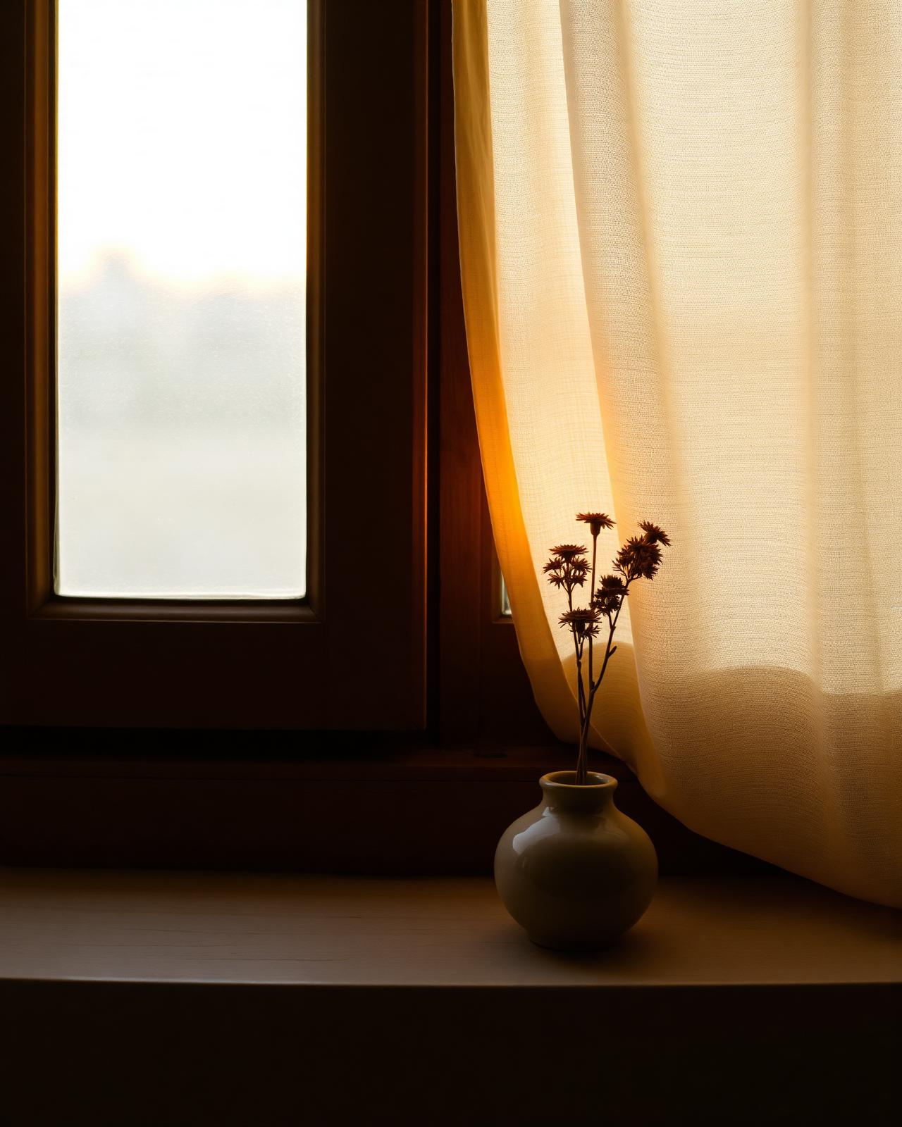 Soft afternoon light through a linen curtain on a wooden windowsill with a single dried wildflower.